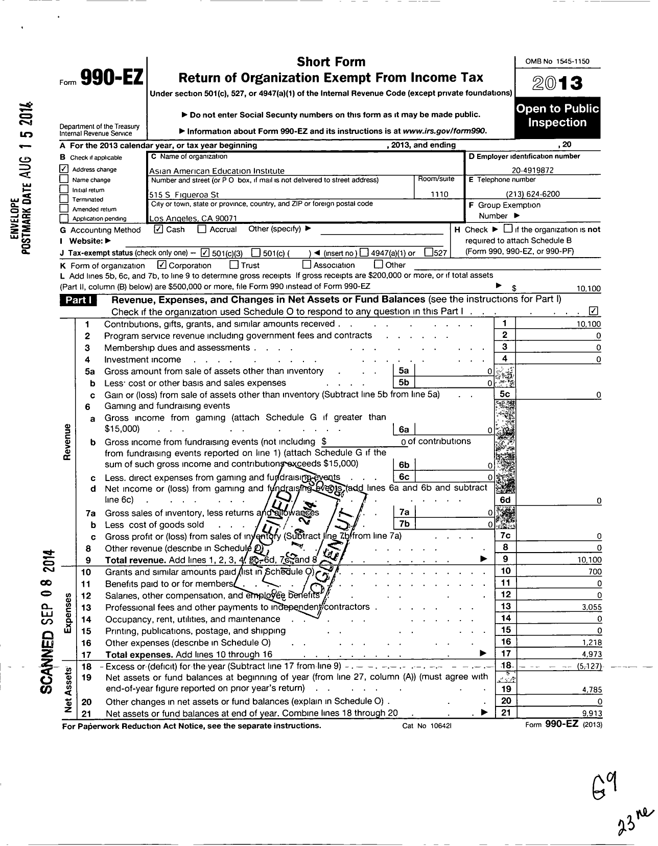 Image of first page of 2013 Form 990EZ for National Association of Asian Pacifics in Politics and Public Affairs