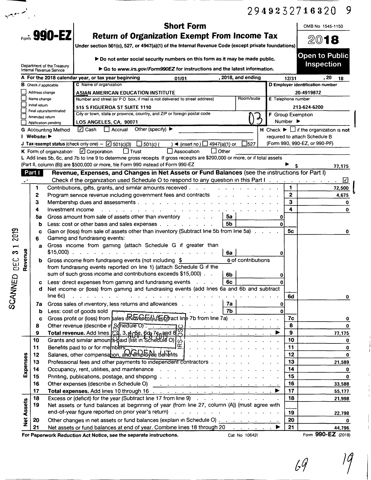 Image of first page of 2018 Form 990EZ for National Association of Asian Pacifics in Politics and Public Affairs