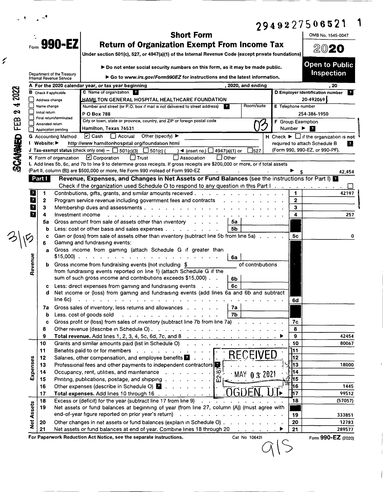 Image of first page of 2020 Form 990EZ for Hamilton General Hospital Healthcare Foundation