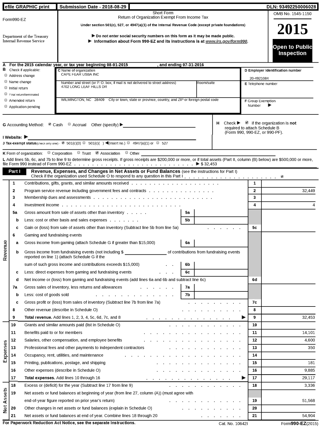Image of first page of 2015 Form 990EZ for United States Bowling Congress - 80871 Cape Fear Usbc