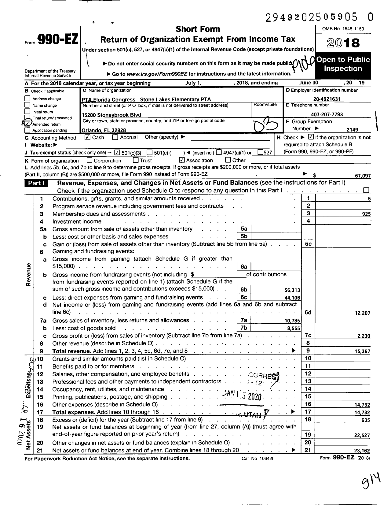 Image of first page of 2018 Form 990EZ for PTA Florida Congress - Stone Lakes Elementary School PTA