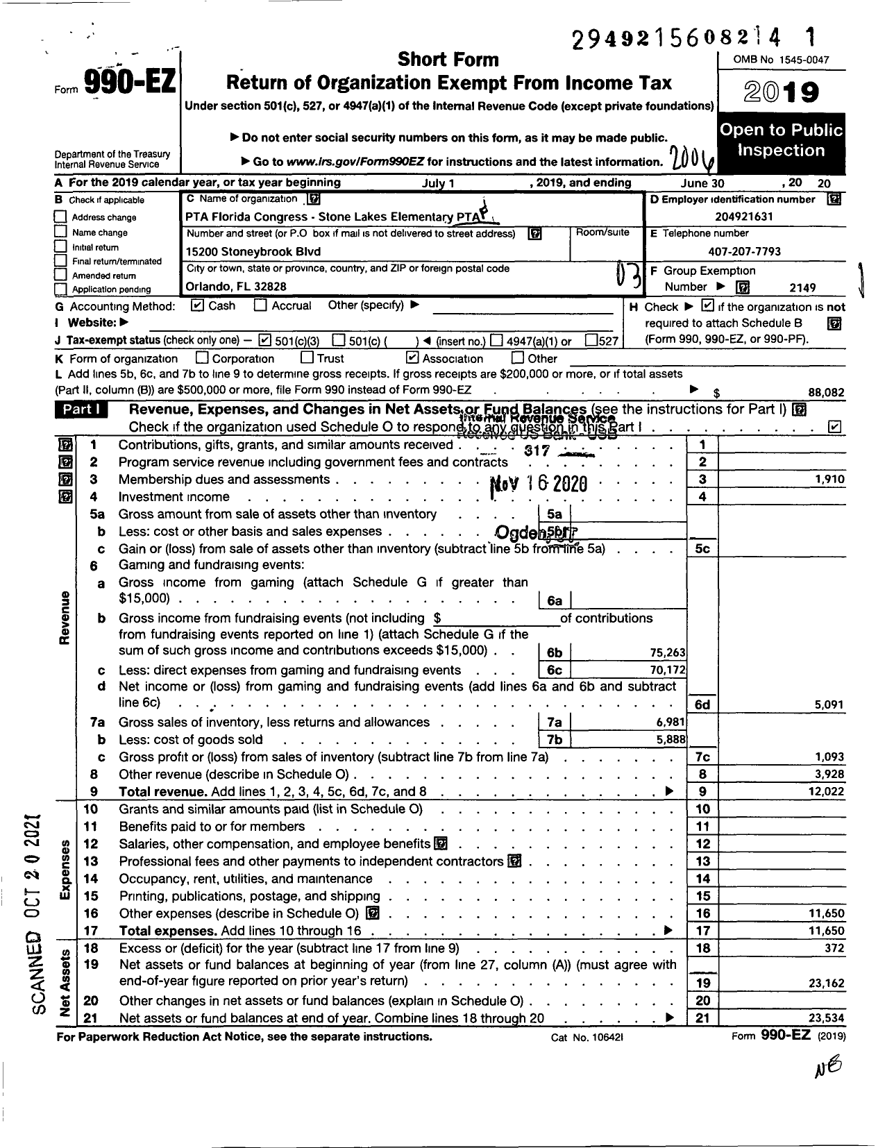 Image of first page of 2019 Form 990EZ for PTA Florida Congress - Stone Lakes Elementary School PTA