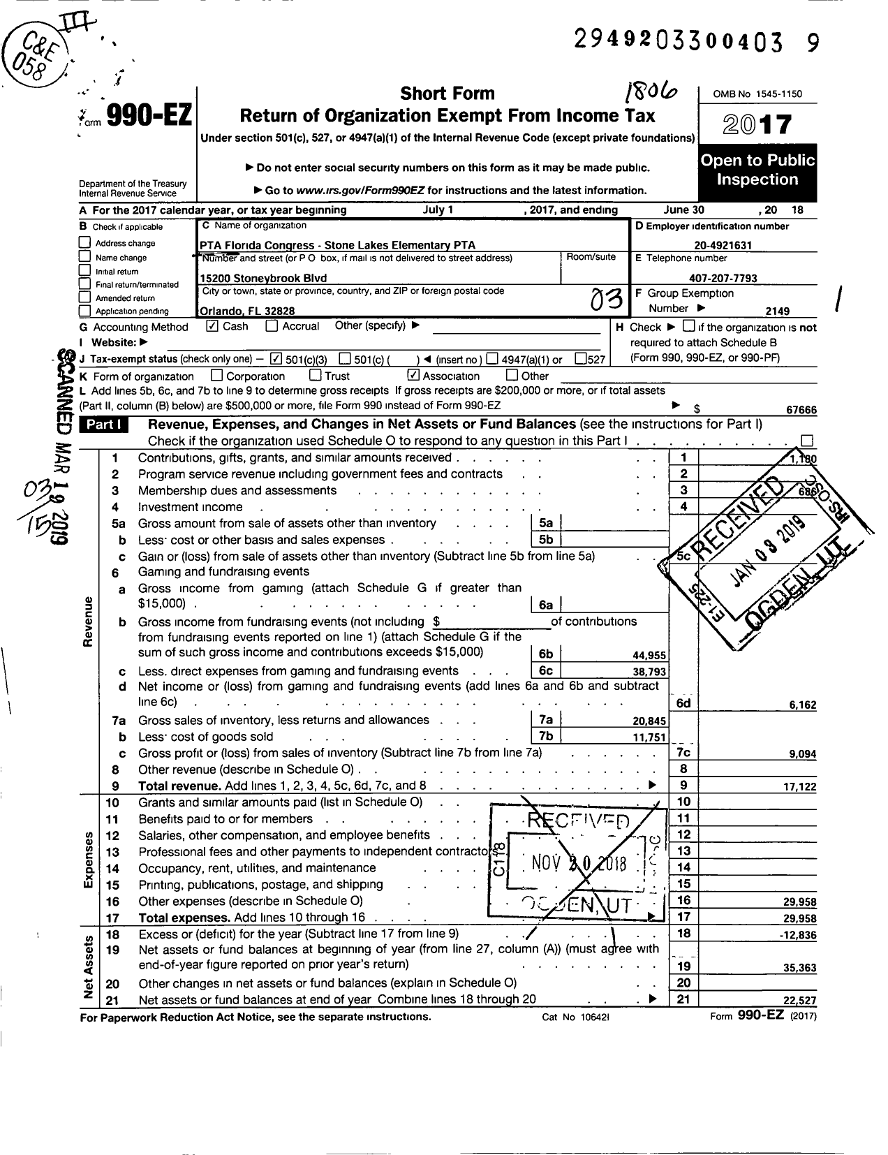 Image of first page of 2017 Form 990EZ for PTA Florida Congress - Stone Lakes Elementary School PTA