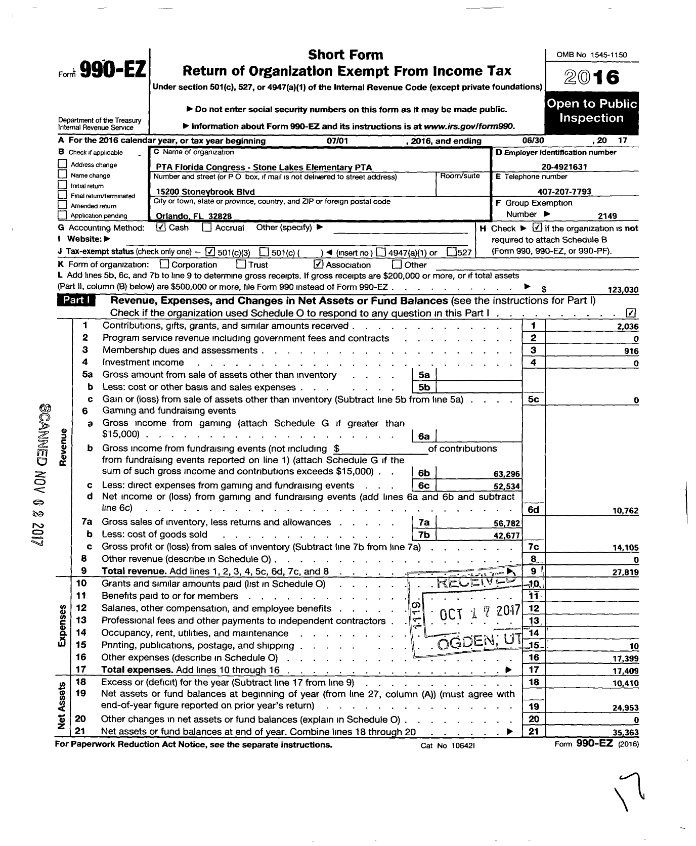 Image of first page of 2016 Form 990EZ for PTA Florida Congress - Stone Lakes Elementary School PTA