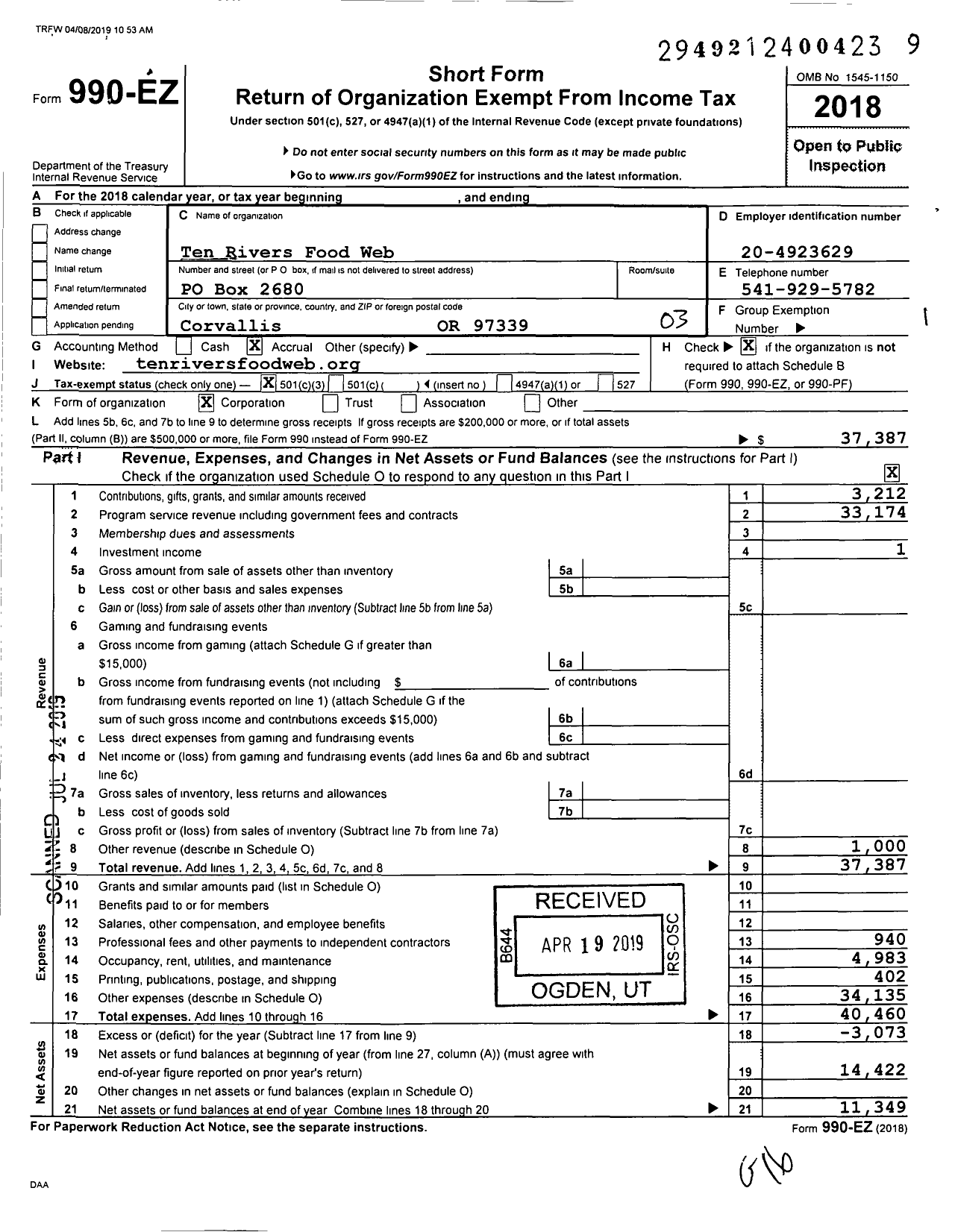 Image of first page of 2018 Form 990EZ for Ten Rivers Food Web