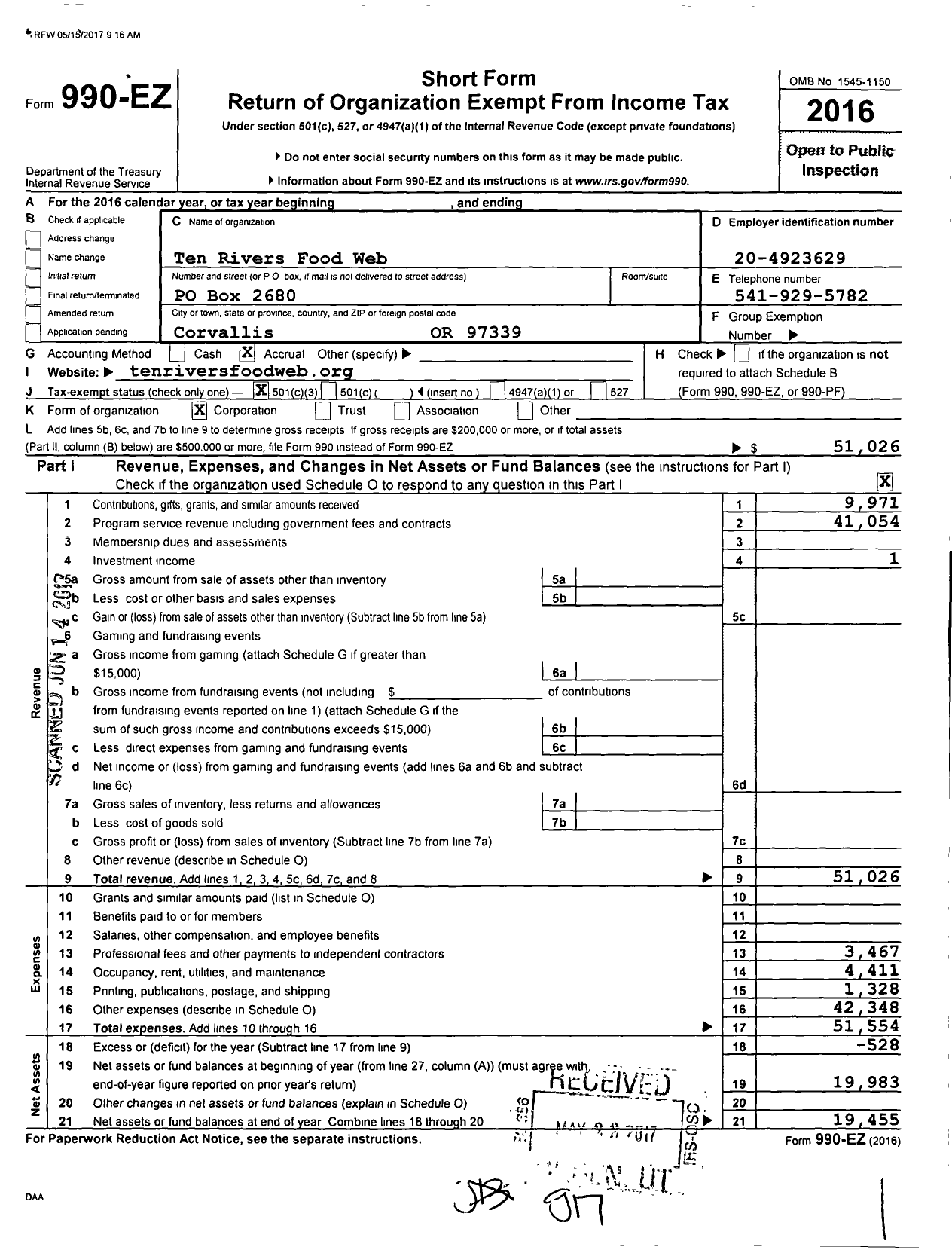 Image of first page of 2016 Form 990EZ for Ten Rivers Food Web