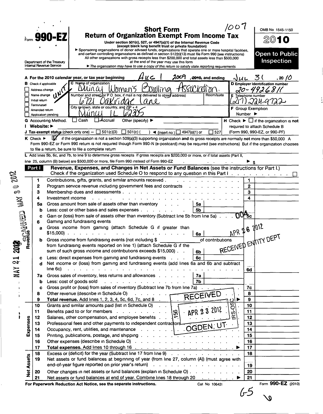 Image of first page of 2009 Form 990EO for United States Bowling Congress - 84323 Quincy Usbc Wba