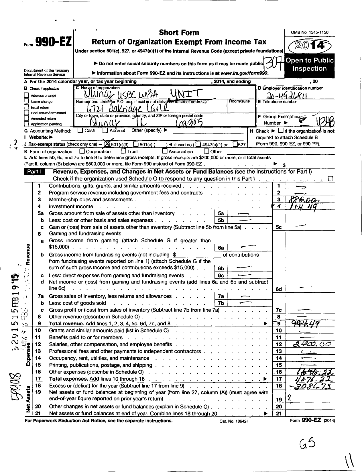 Image of first page of 2012 Form 990EZ for United States Bowling Congress - 84323 Quincy Usbc Wba