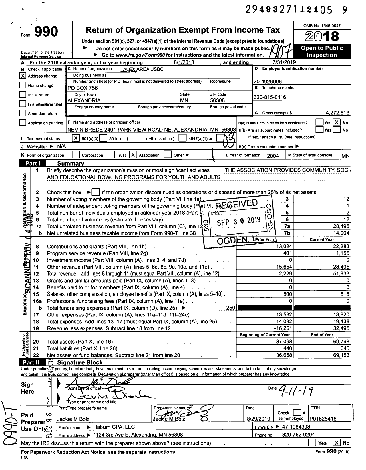 Image of first page of 2018 Form 990 for United States Bowling Congress - 81417 Alexandria Area Usbc