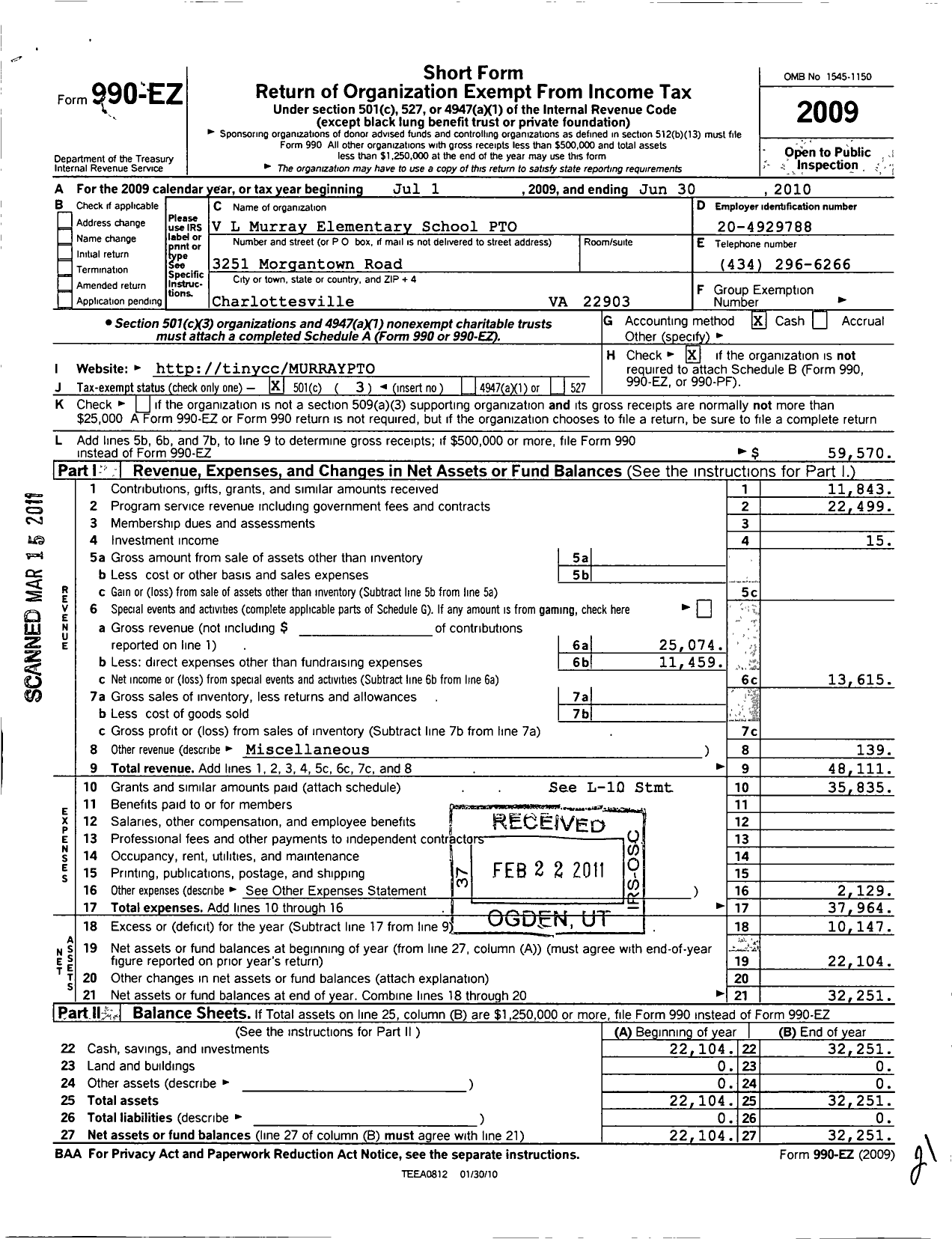 Image of first page of 2009 Form 990EZ for V L Murray Elementary School Pto