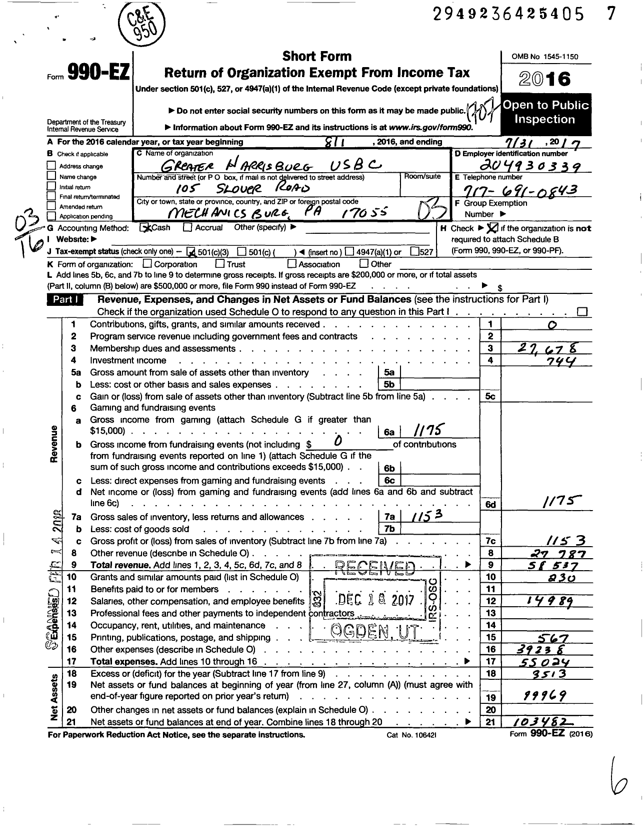 Image of first page of 2016 Form 990EZ for United States Bowling Congress - 80617 GR Harrisburg Usbc
