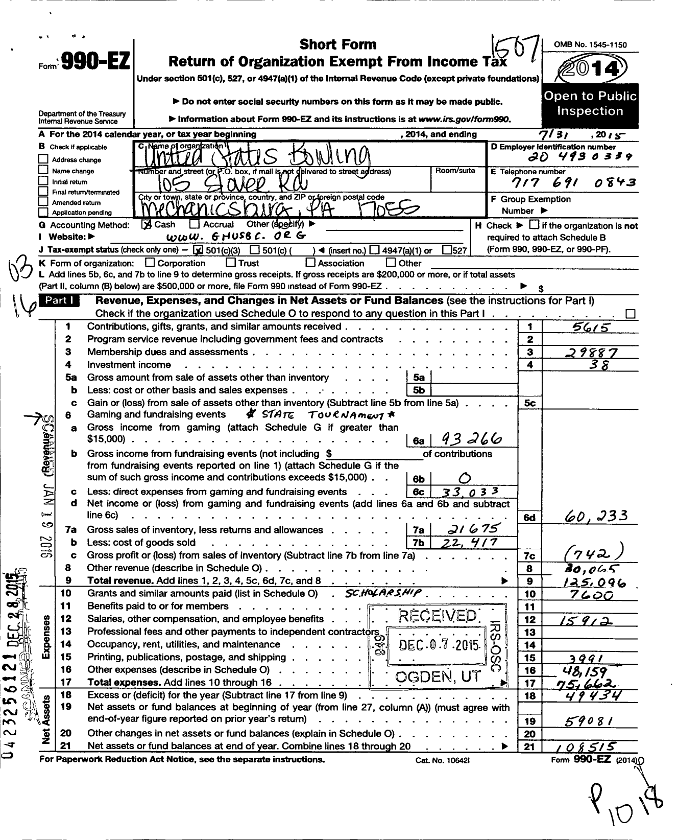 Image of first page of 2014 Form 990EZ for United States Bowling Congress - 80617 GR Harrisburg Usbc