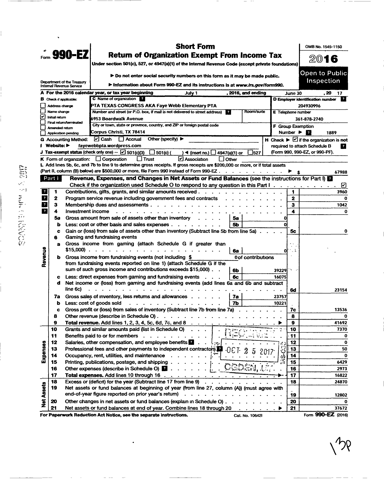 Image of first page of 2016 Form 990EZ for TEXAS PTA - Faye Webb Elementary PTA