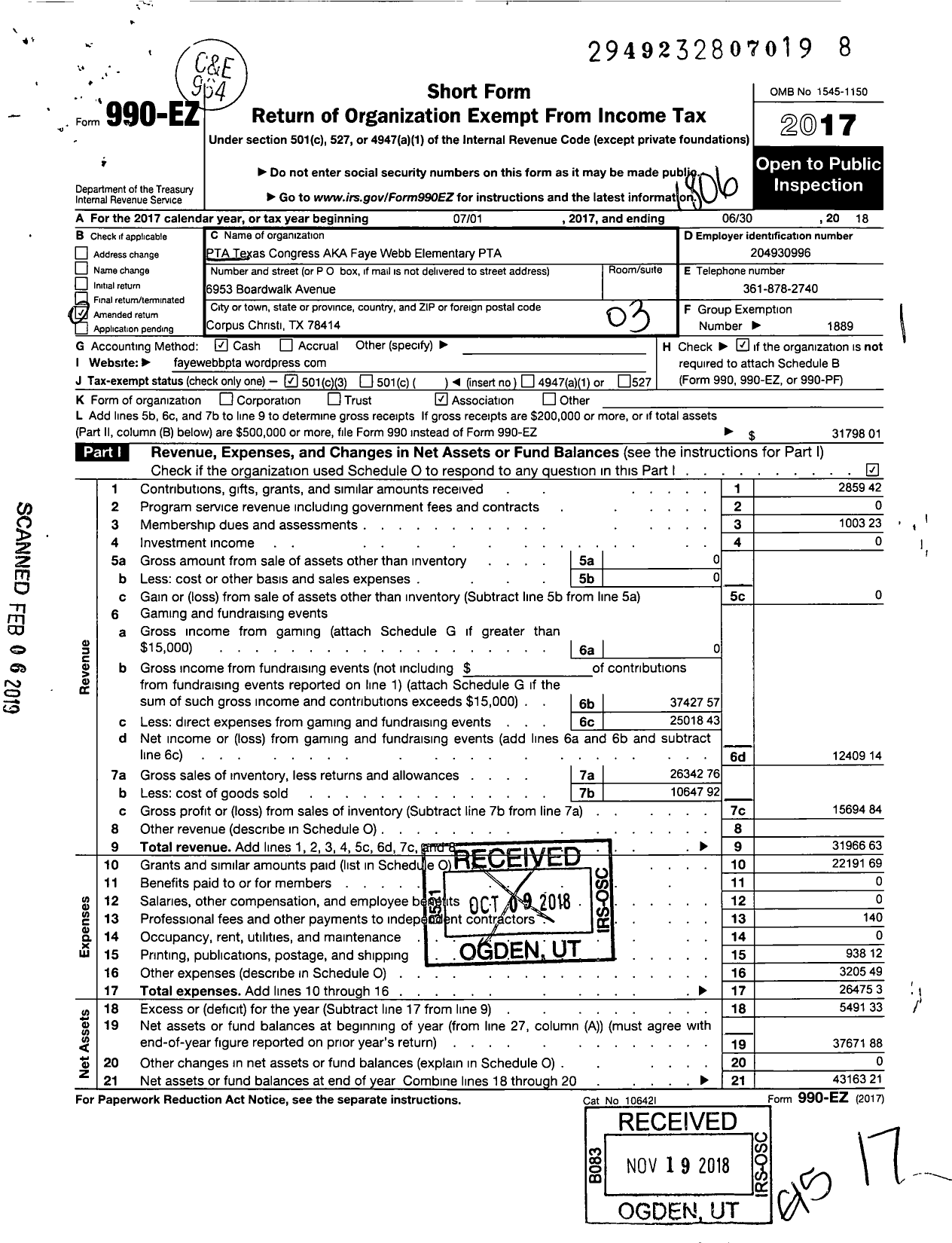 Image of first page of 2017 Form 990EZ for TEXAS PTA - Faye Webb Elementary PTA