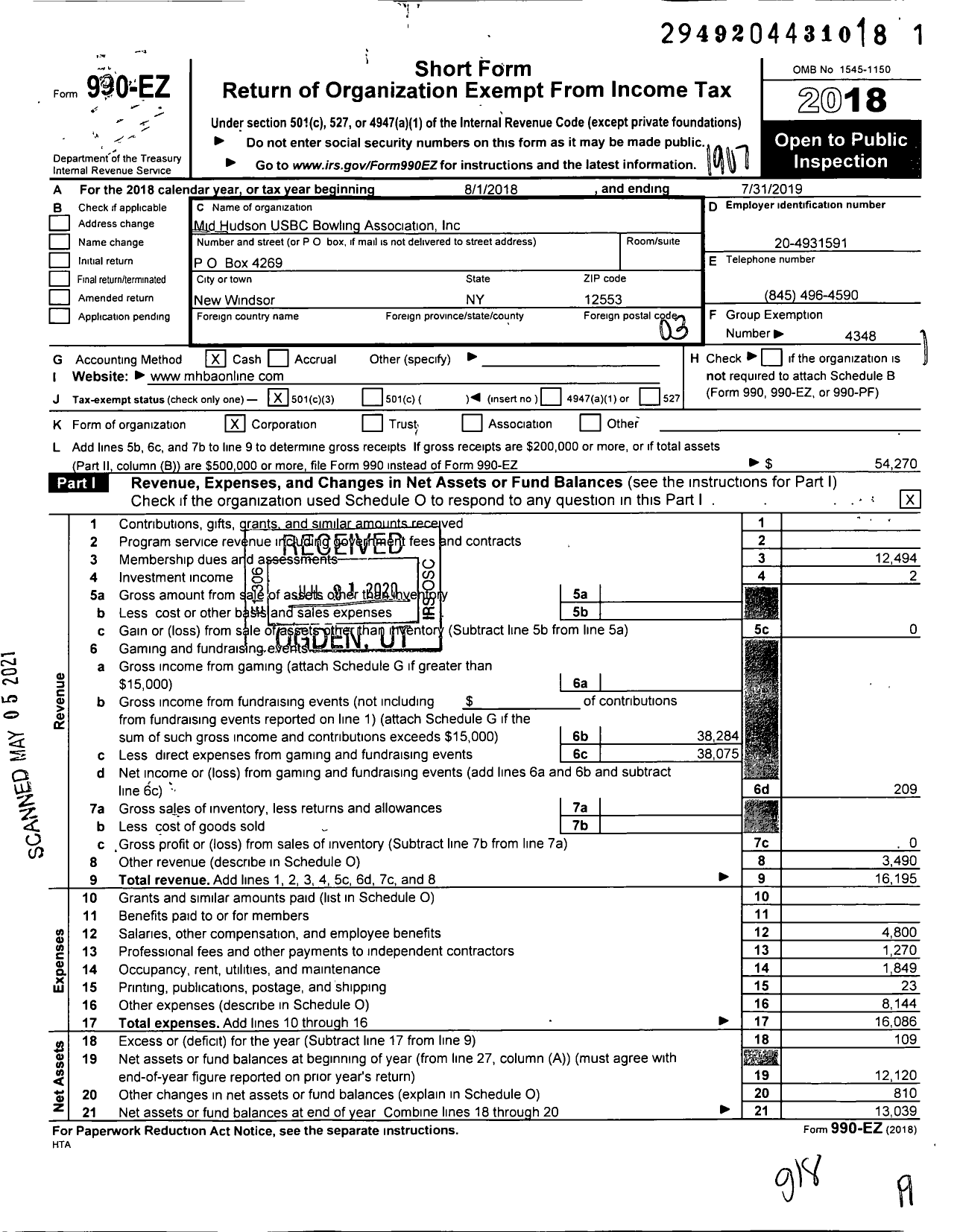 Image of first page of 2018 Form 990EZ for United States Bowling Congress - 86341 Mid-Hudson USBC