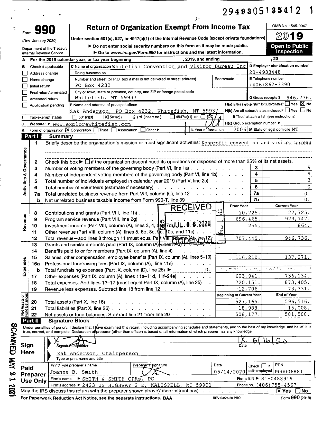 Image of first page of 2019 Form 990O for Whitefish Convention and Visitor Bureau