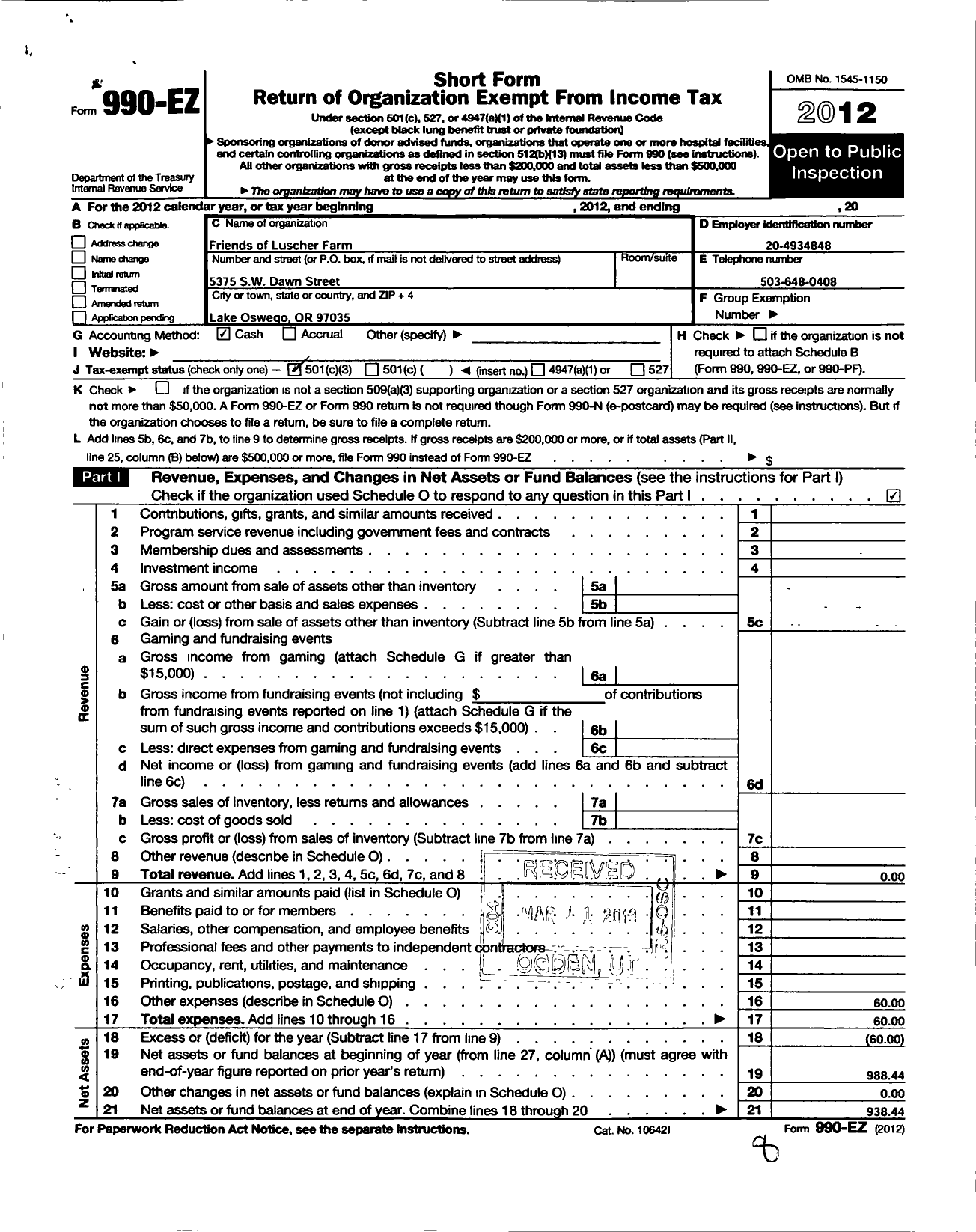 Image of first page of 2012 Form 990EZ for Friends of Luscher Farms