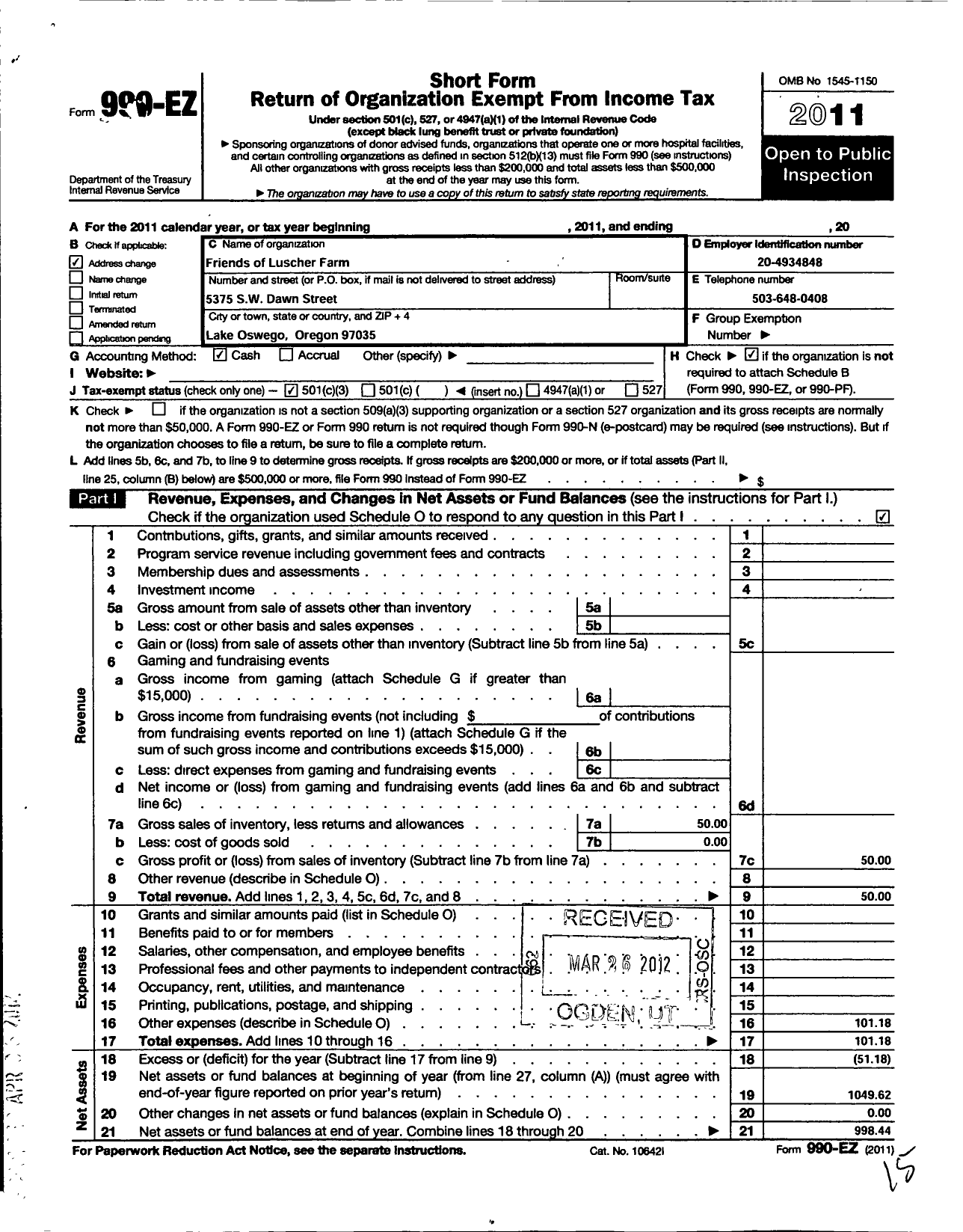 Image of first page of 2011 Form 990EZ for Friends of Luscher Farms