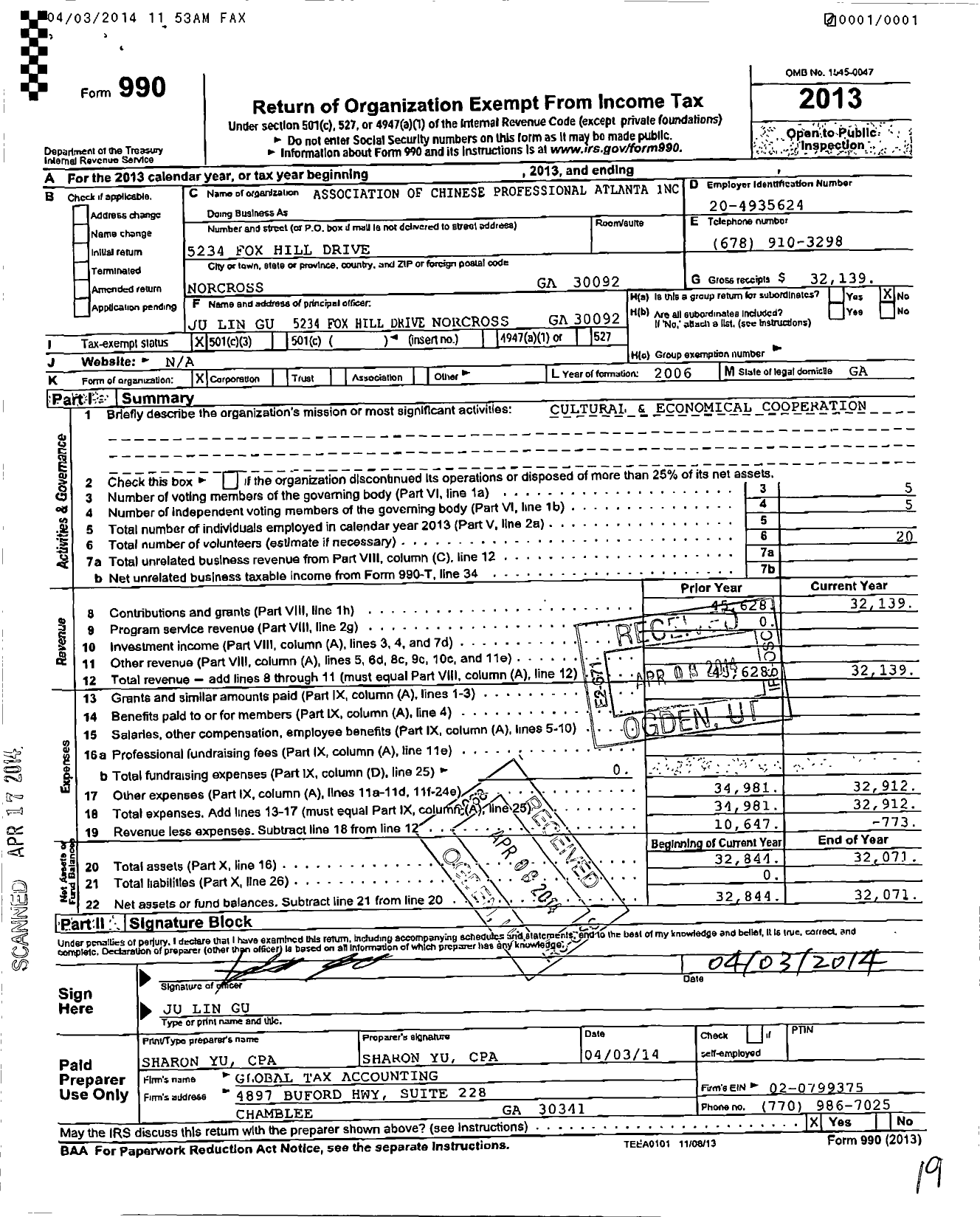 Image of first page of 2013 Form 990 for Association of Chinese Professional Atlanta