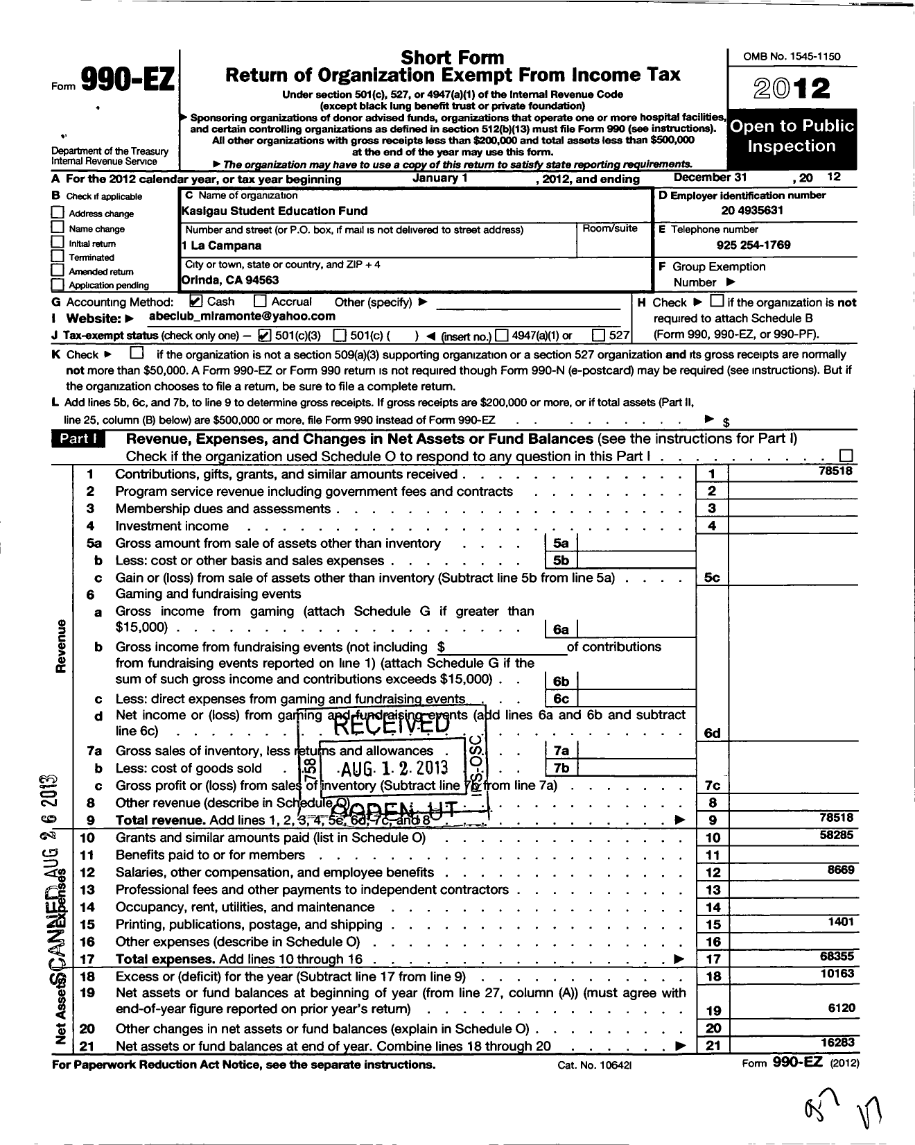 Image of first page of 2012 Form 990EZ for Kasigau Student Education Fund