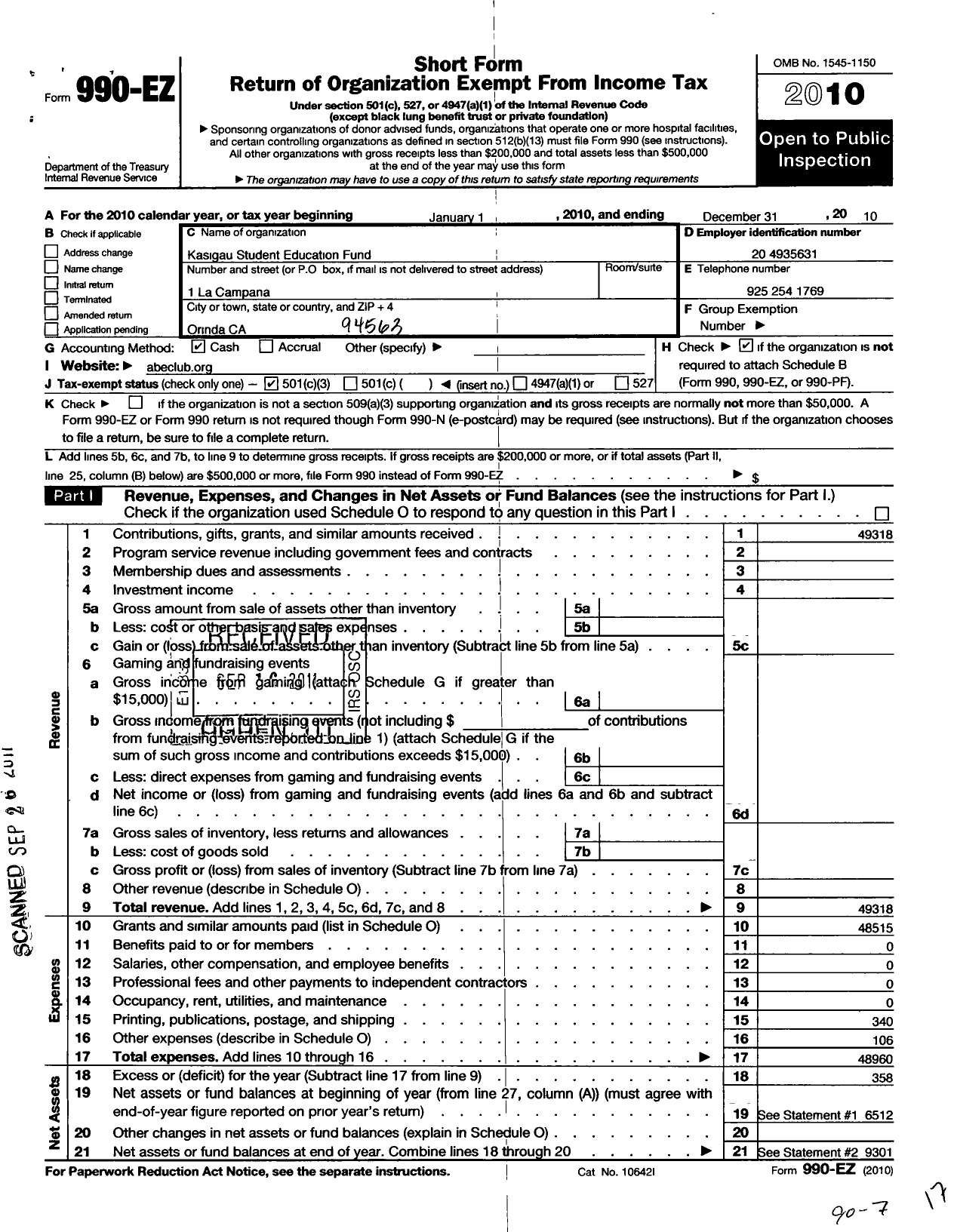 Image of first page of 2010 Form 990EZ for Kasigau Student Education Fund