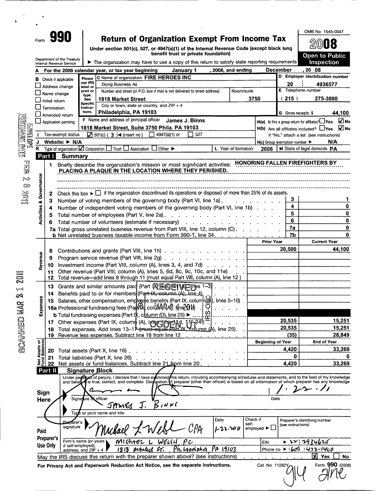 Image of first page of 2008 Form 990 for Fire Heroes