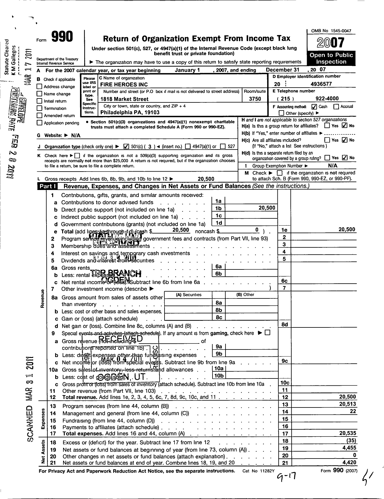 Image of first page of 2007 Form 990 for Fire Heroes