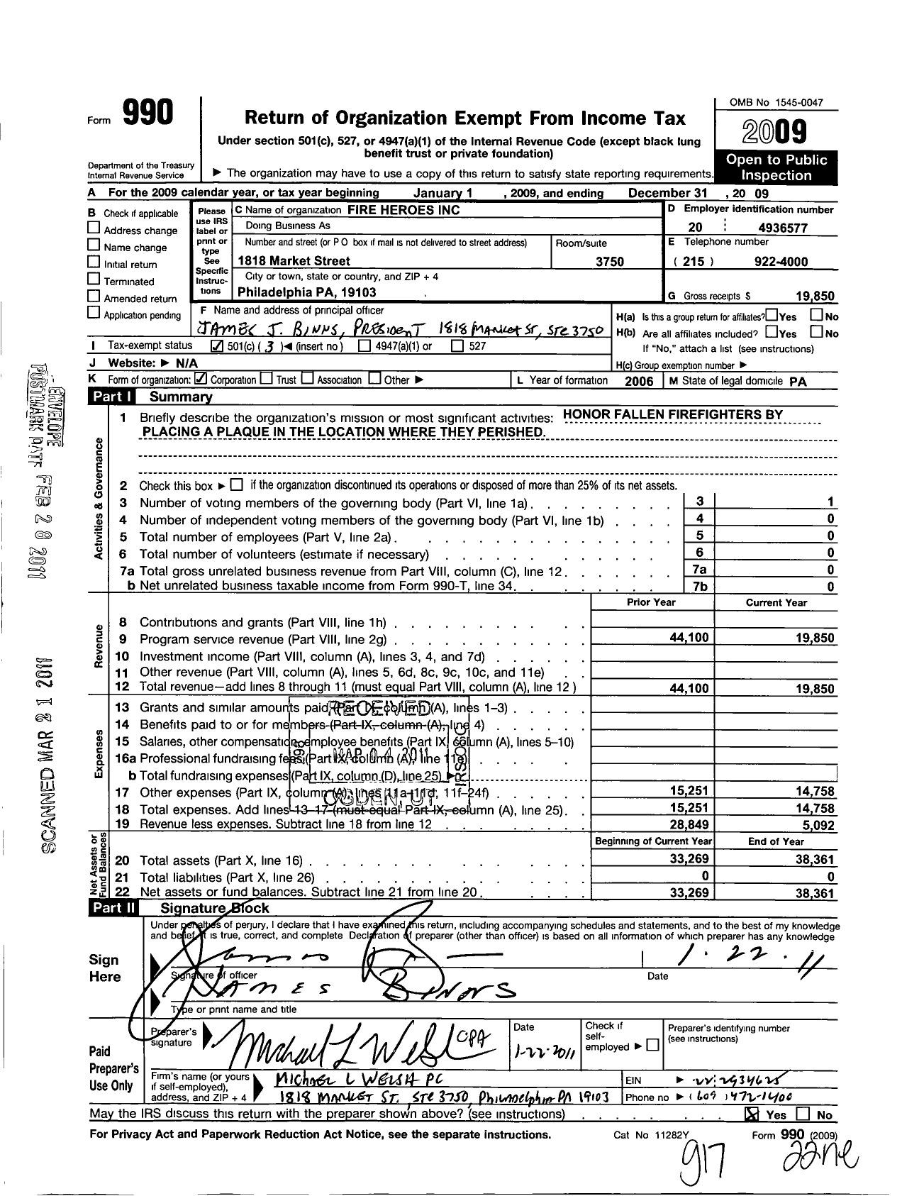 Image of first page of 2009 Form 990 for Fire Heroes