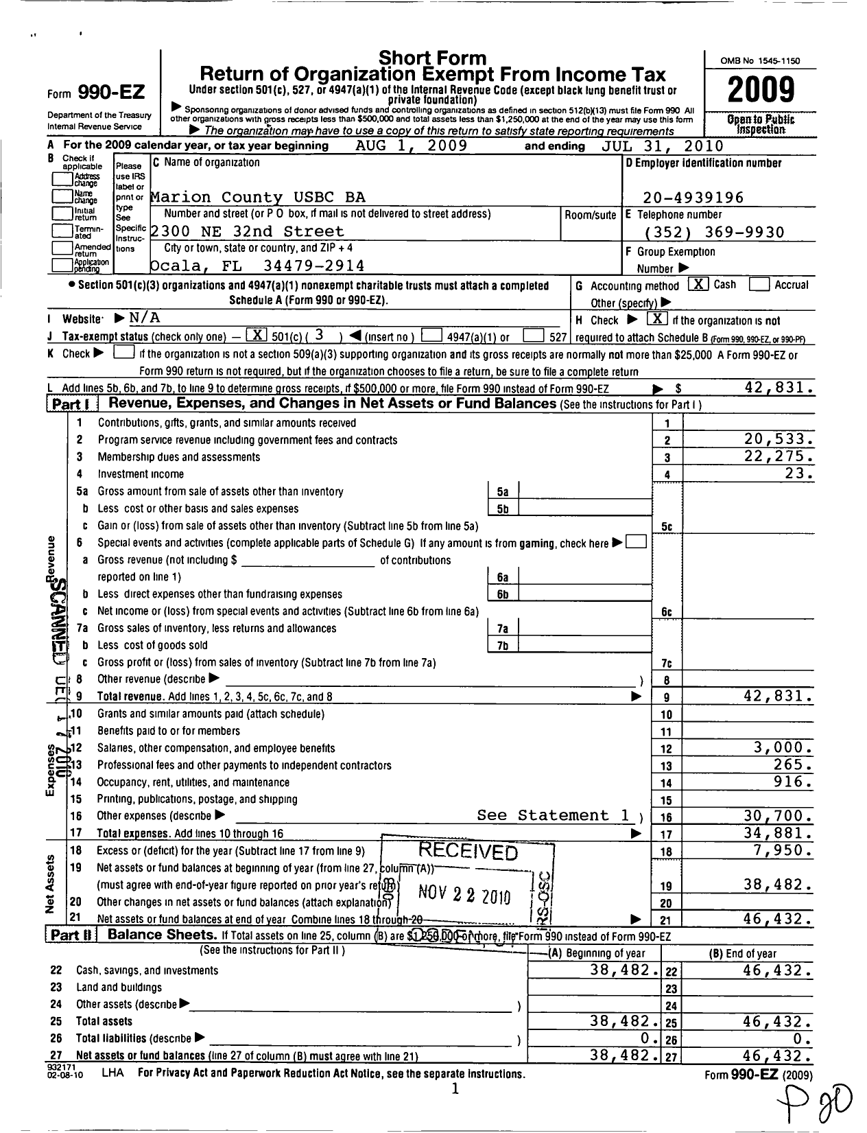 Image of first page of 2009 Form 990EZ for United States Bowling Congress - 86612 Marion County Usbc