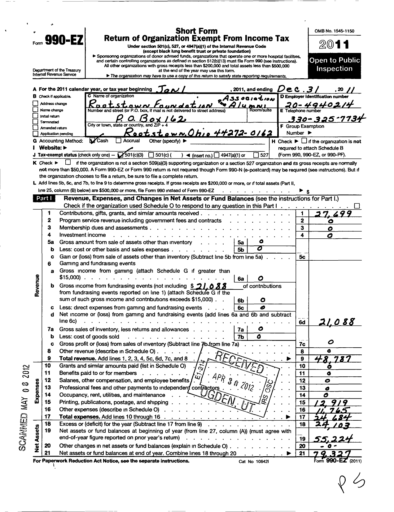 Image of first page of 2011 Form 990EZ for Rootstown Foundation