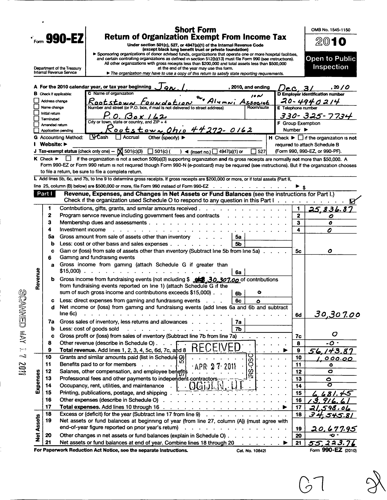 Image of first page of 2010 Form 990EZ for Rootstown Foundation