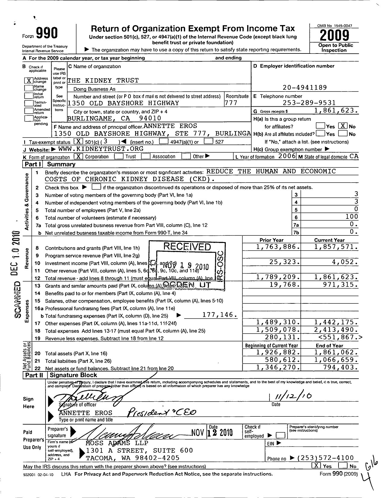 Image of first page of 2009 Form 990 for The Kidney Trust