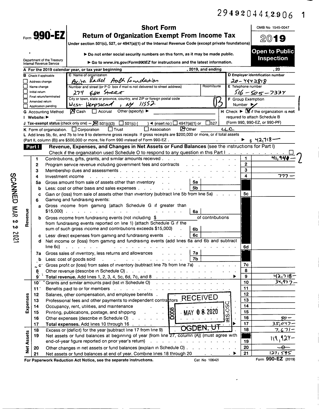 Image of first page of 2019 Form 990EZ for Aviva Rachel Aryeh Foundation