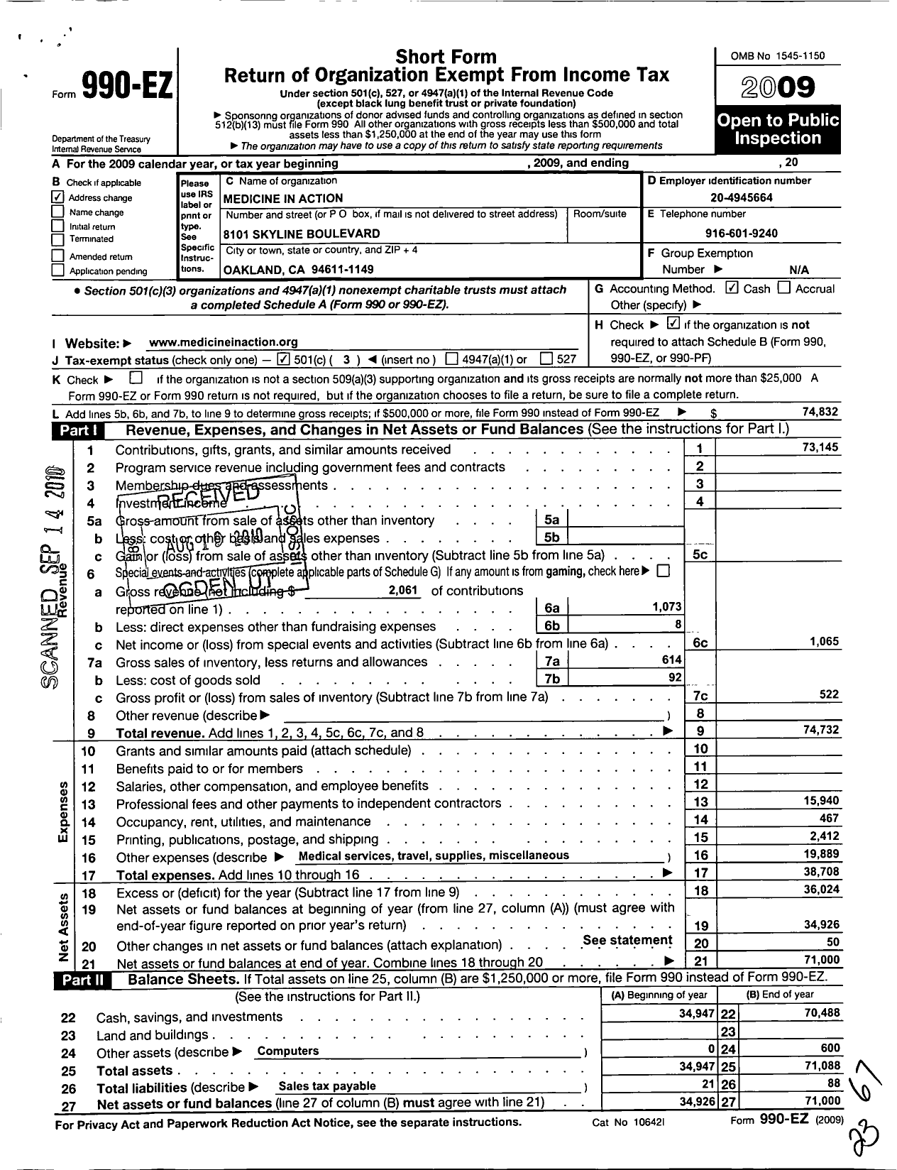 Image of first page of 2009 Form 990EZ for Medicine in Action