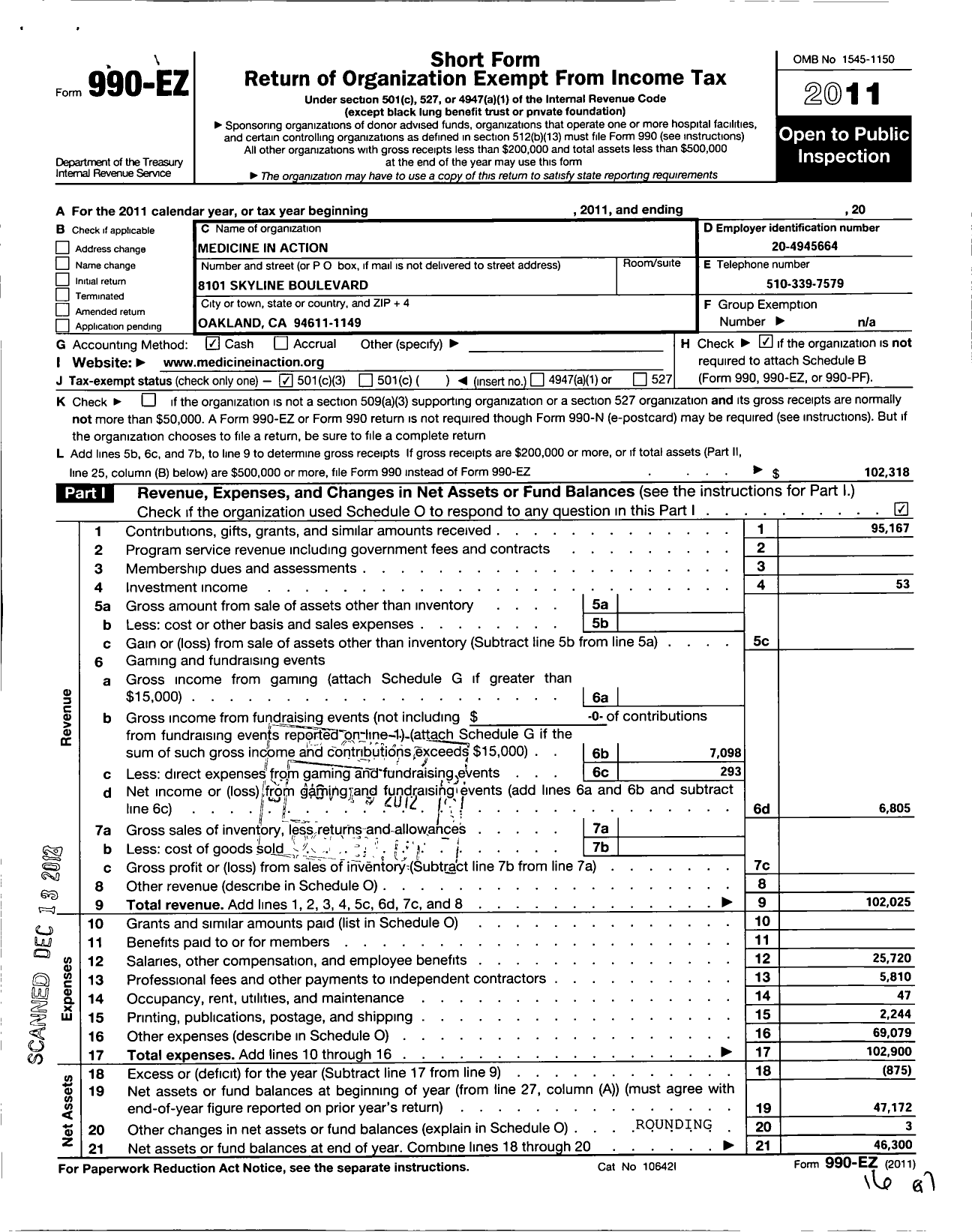 Image of first page of 2011 Form 990EZ for Medicine in Action