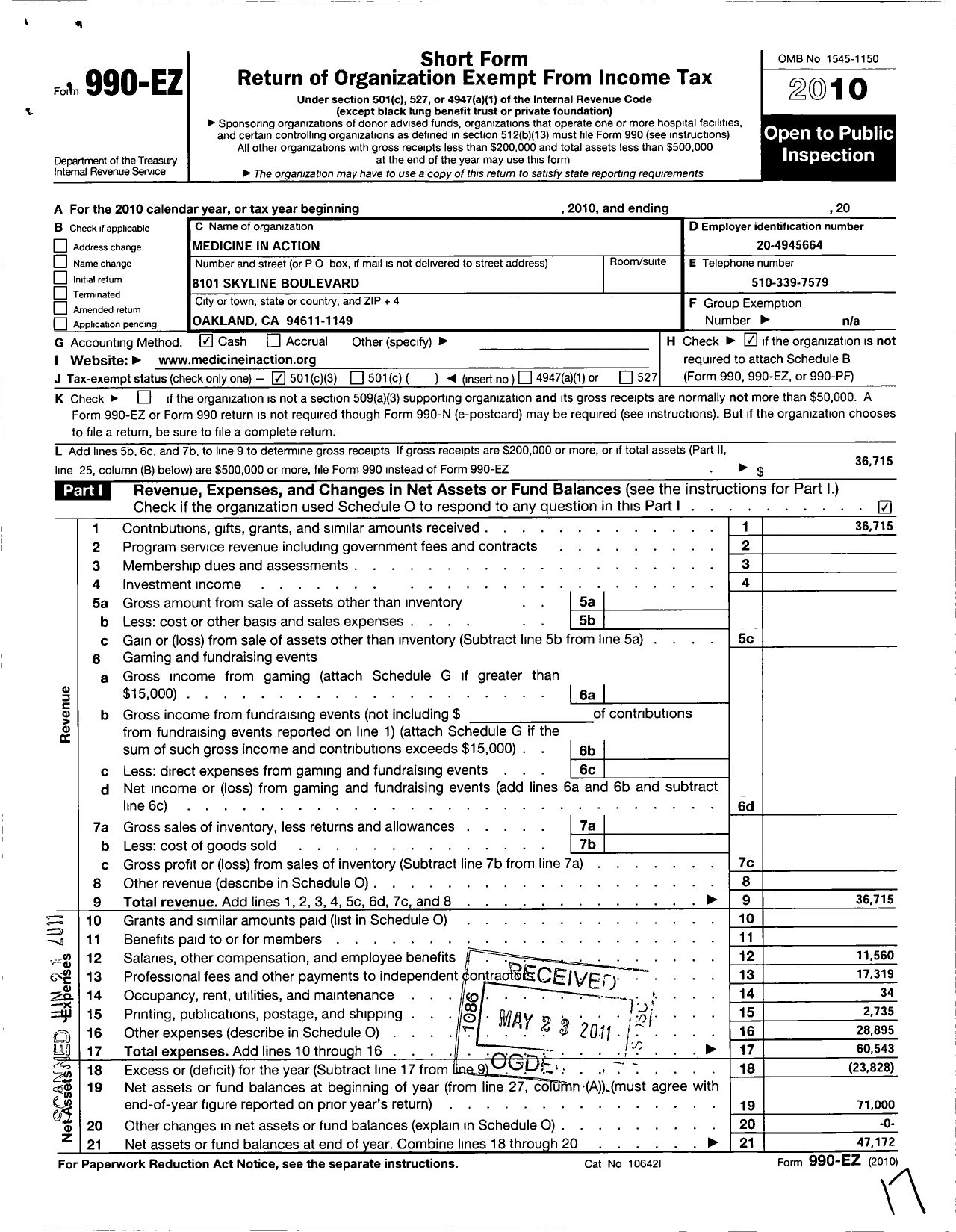 Image of first page of 2010 Form 990EZ for Medicine in Action