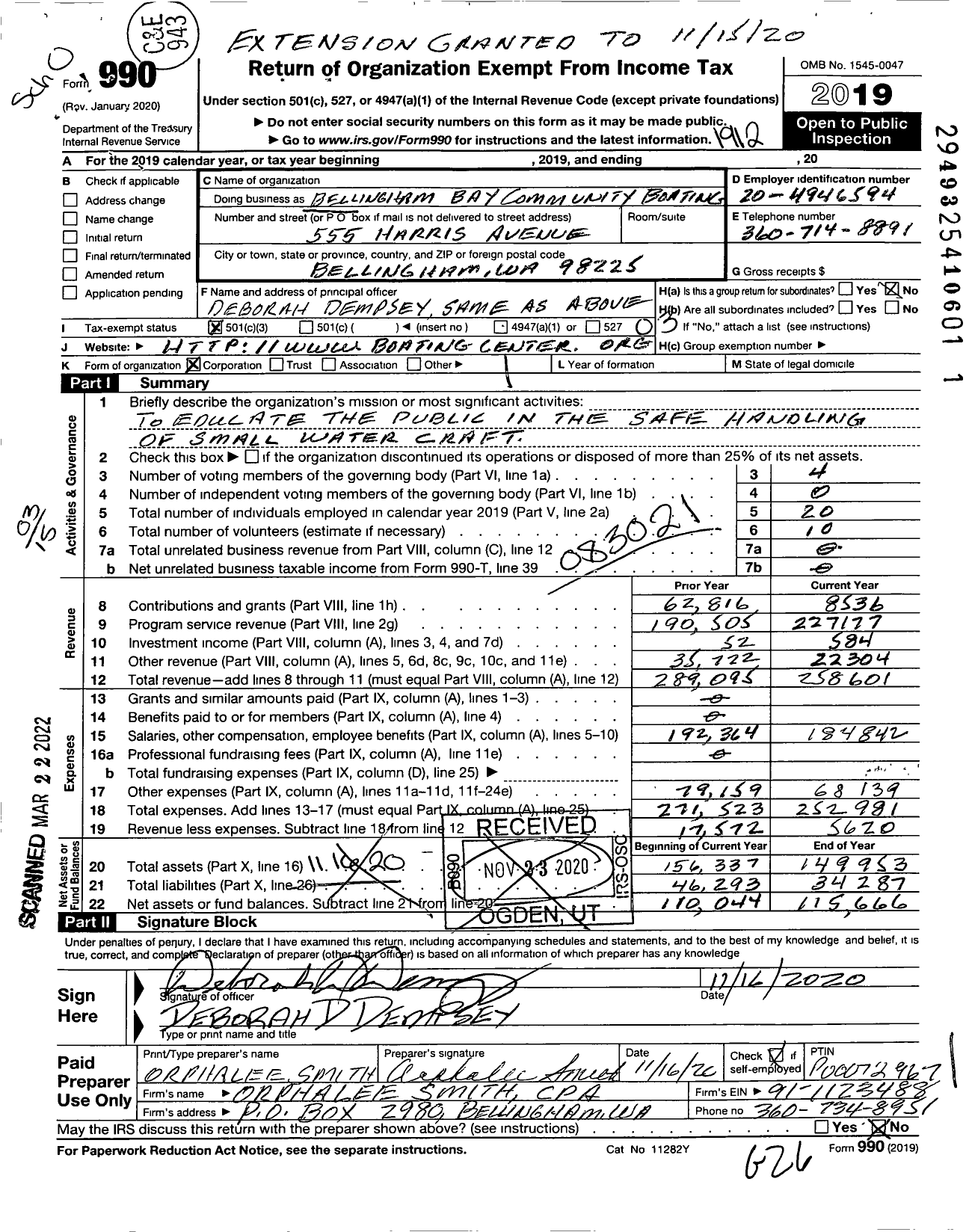 Image of first page of 2019 Form 990 for Bellingham Bay Community Boating Center