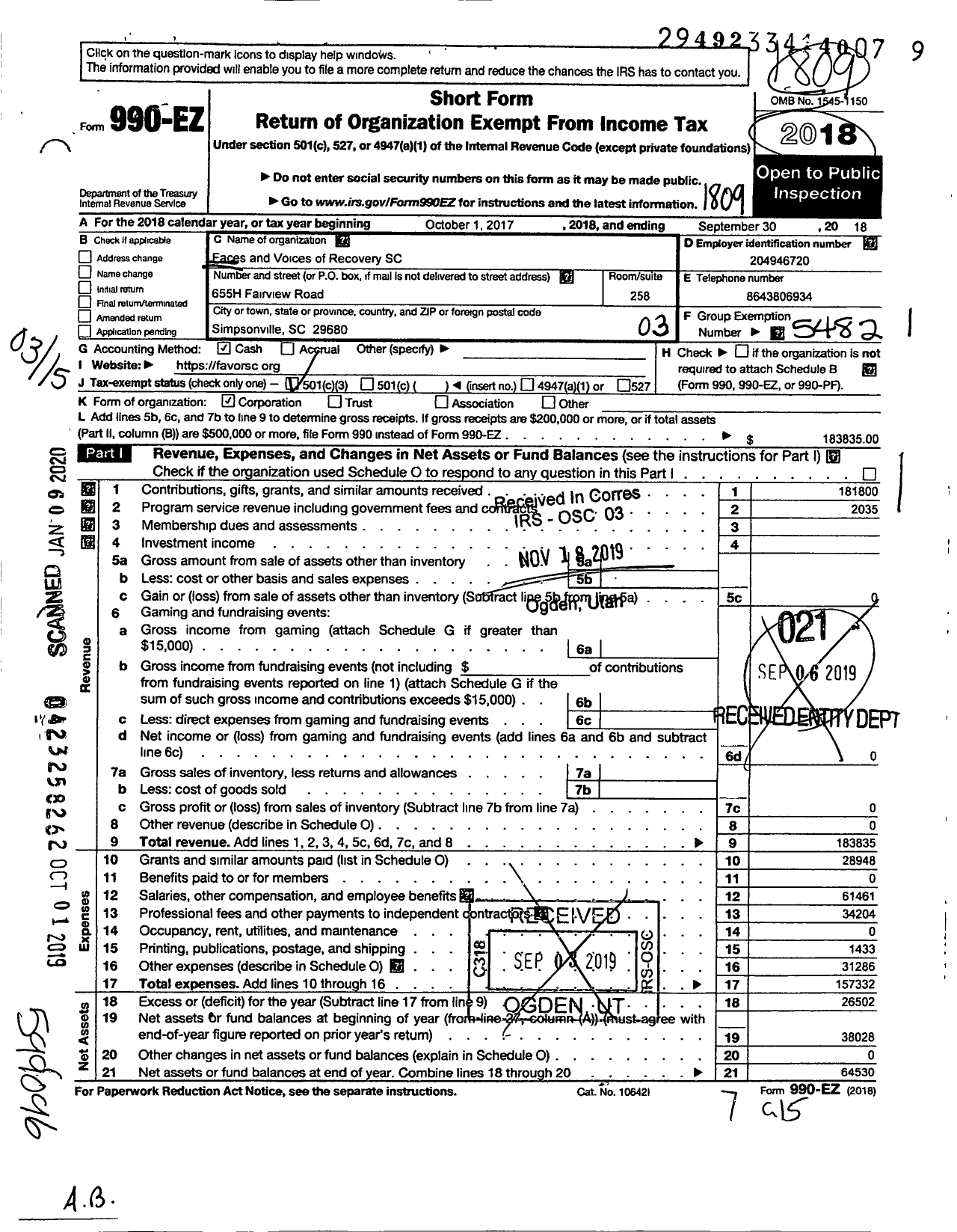 Image of first page of 2017 Form 990EZ for SC Alliance of Recovery Community Organizations