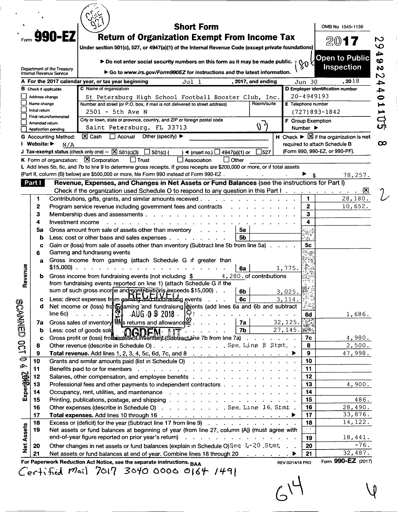 Image of first page of 2017 Form 990EZ for St Petersburg High School Football Booster Club