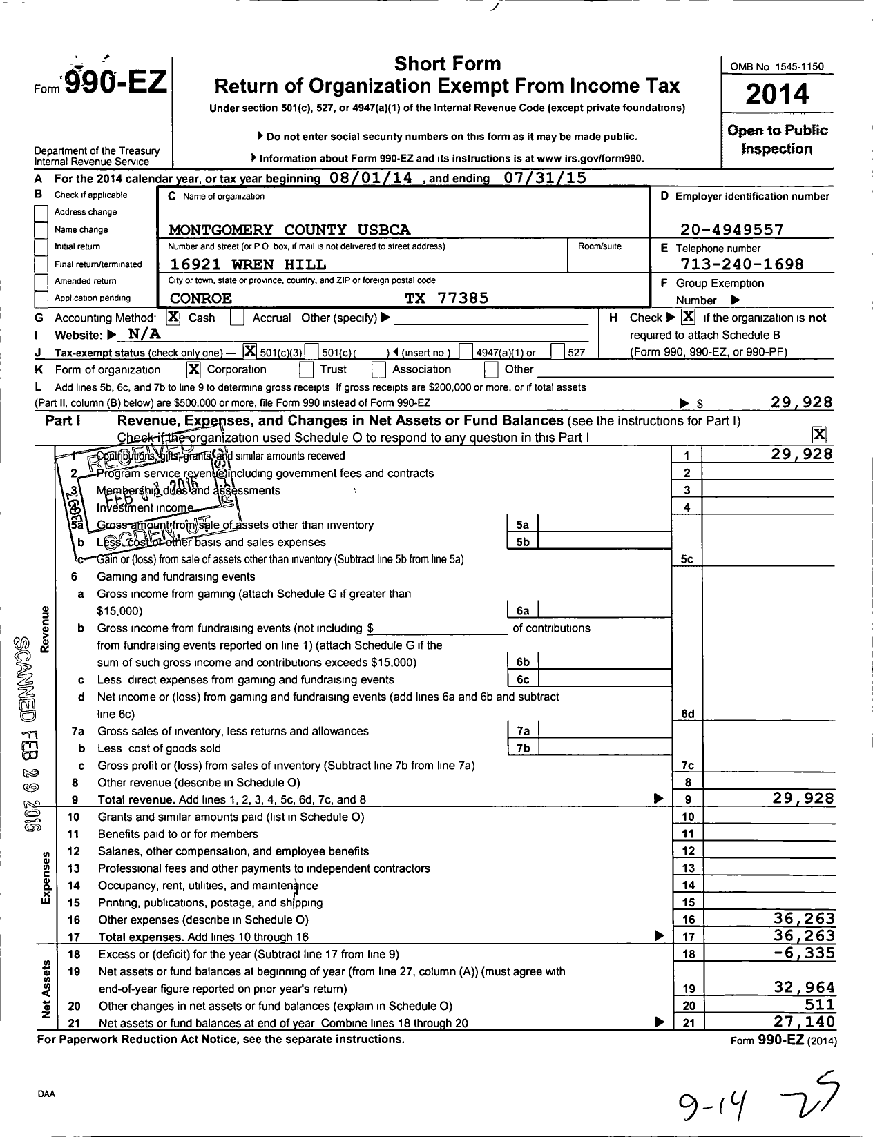 Image of first page of 2014 Form 990EZ for United States Bowling Congress - 80387 Montgomery County Usbc