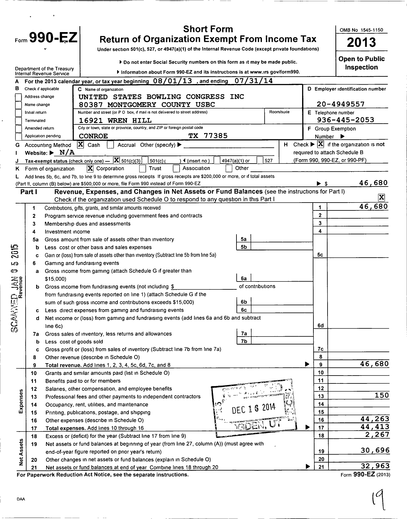 Image of first page of 2013 Form 990EZ for United States Bowling Congress - 80387 Montgomery County Usbc