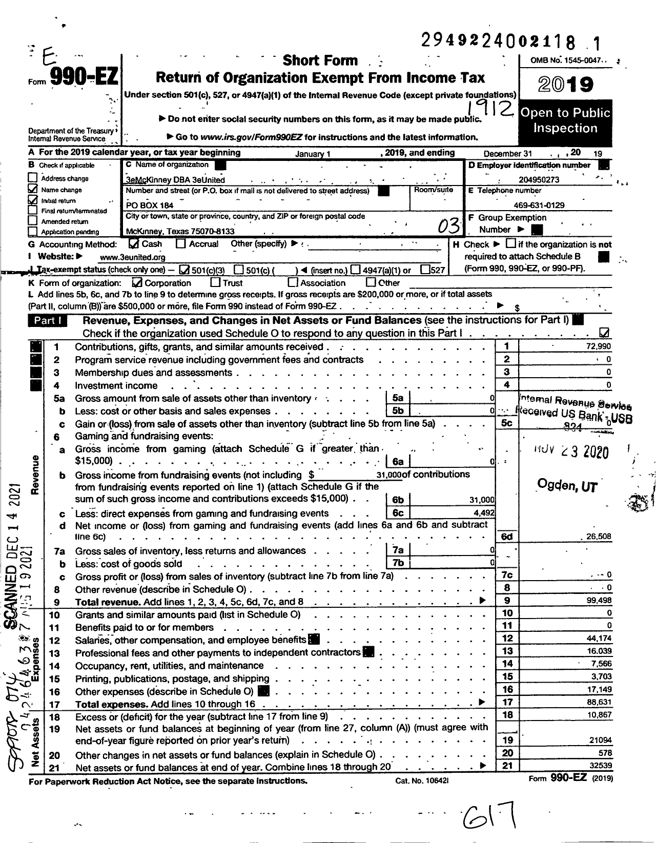 Image of first page of 2019 Form 990EZ for 3e United