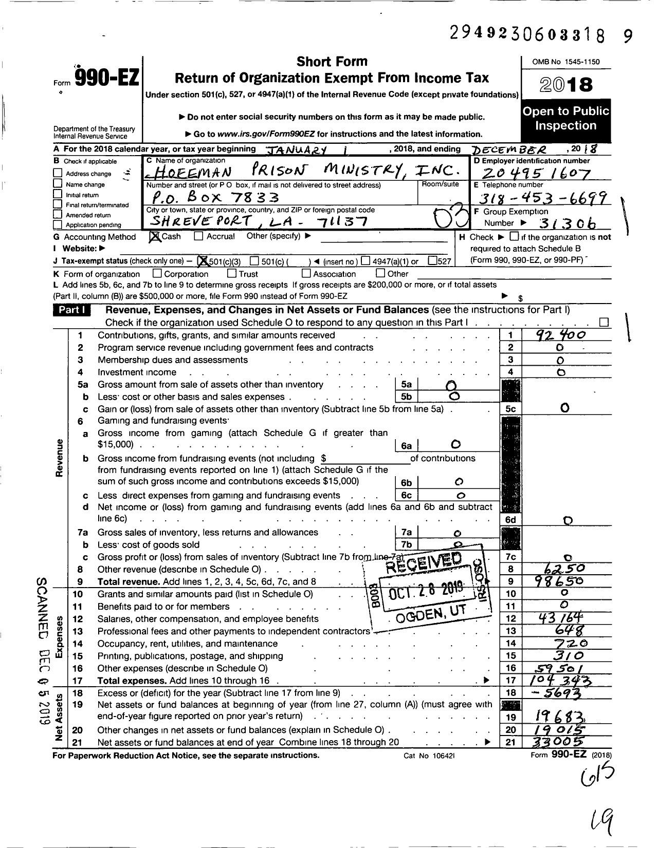 Image of first page of 2018 Form 990EZ for Hoffman Prison Ministry