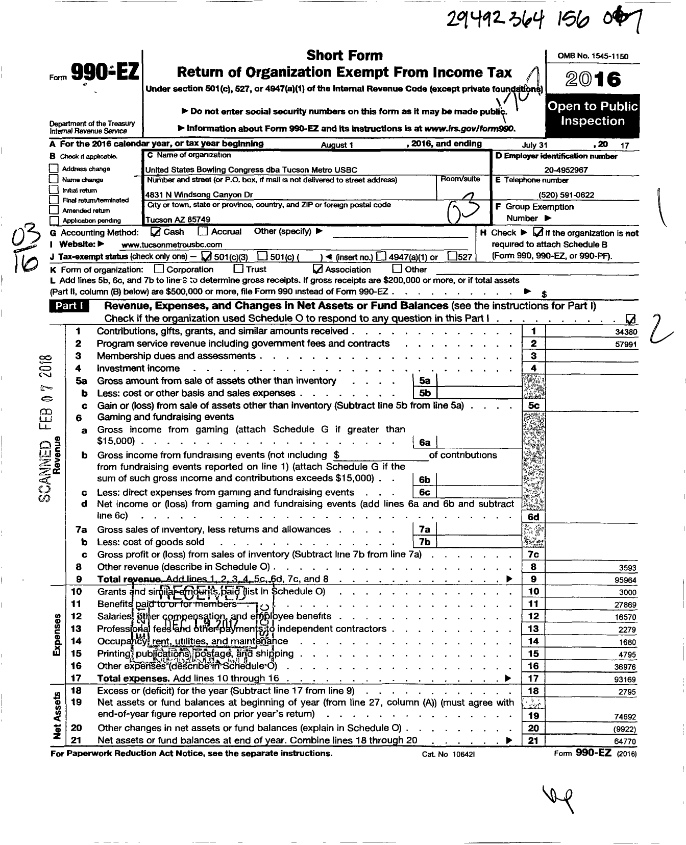 Image of first page of 2016 Form 990EZ for United States Bowling Congress - Tucson Metro Usbc