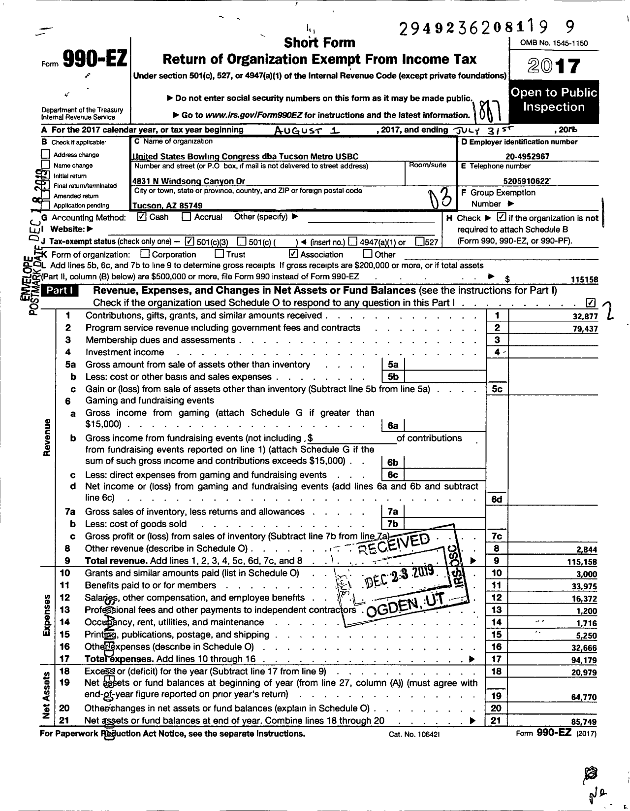 Image of first page of 2017 Form 990EZ for United States Bowling Congress - Tucson Metro Usbc