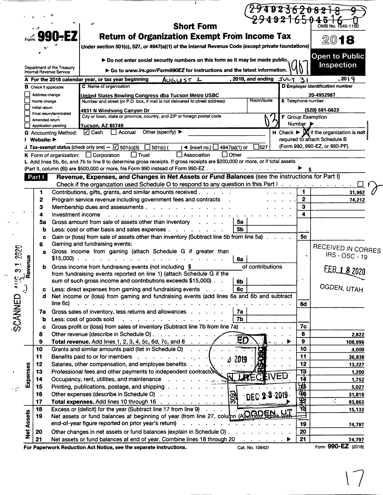 Image of first page of 2018 Form 990EZ for United States Bowling Congress - Tucson Metro Usbc