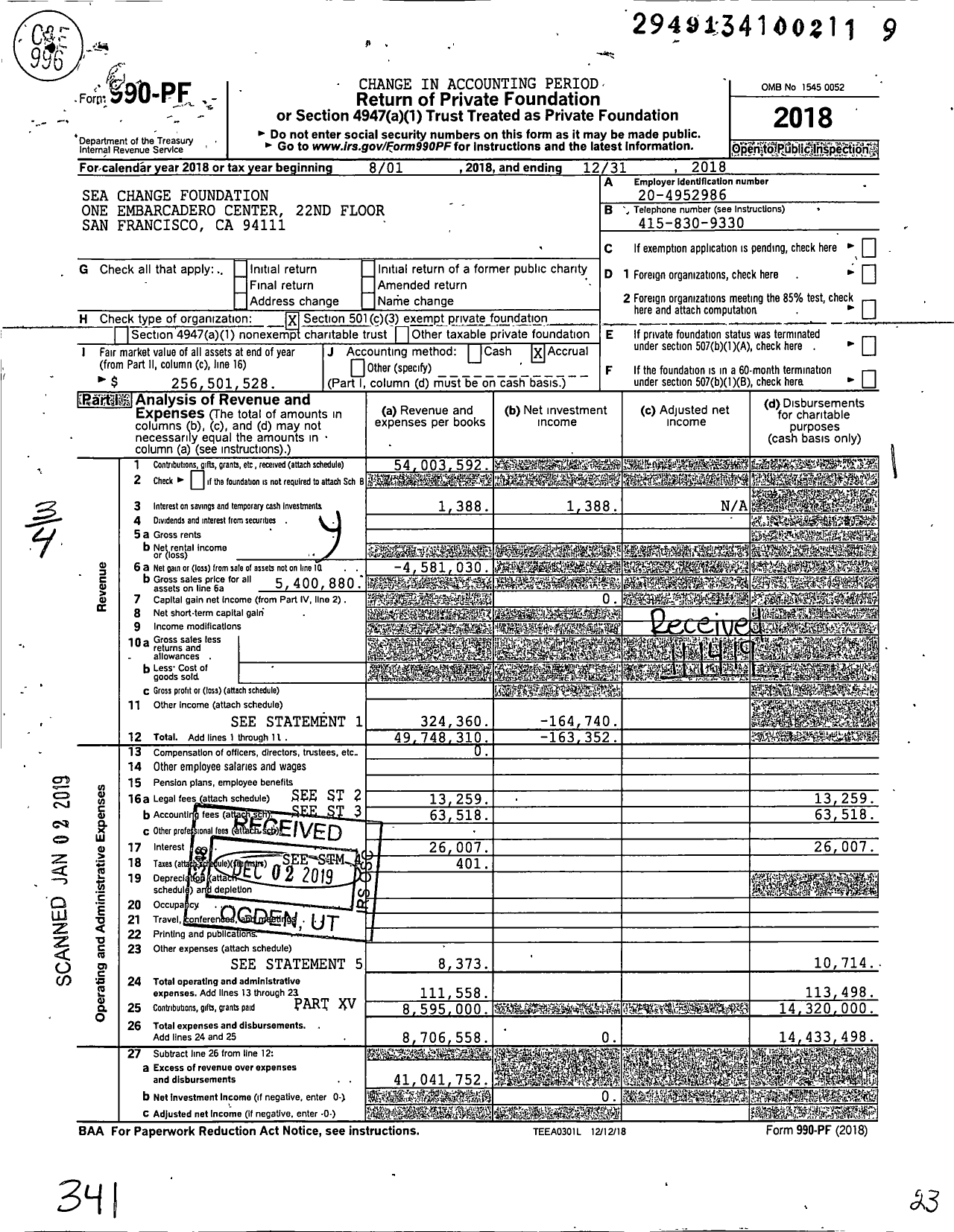 Image of first page of 2018 Form 990PF for Sea Change Foundation
