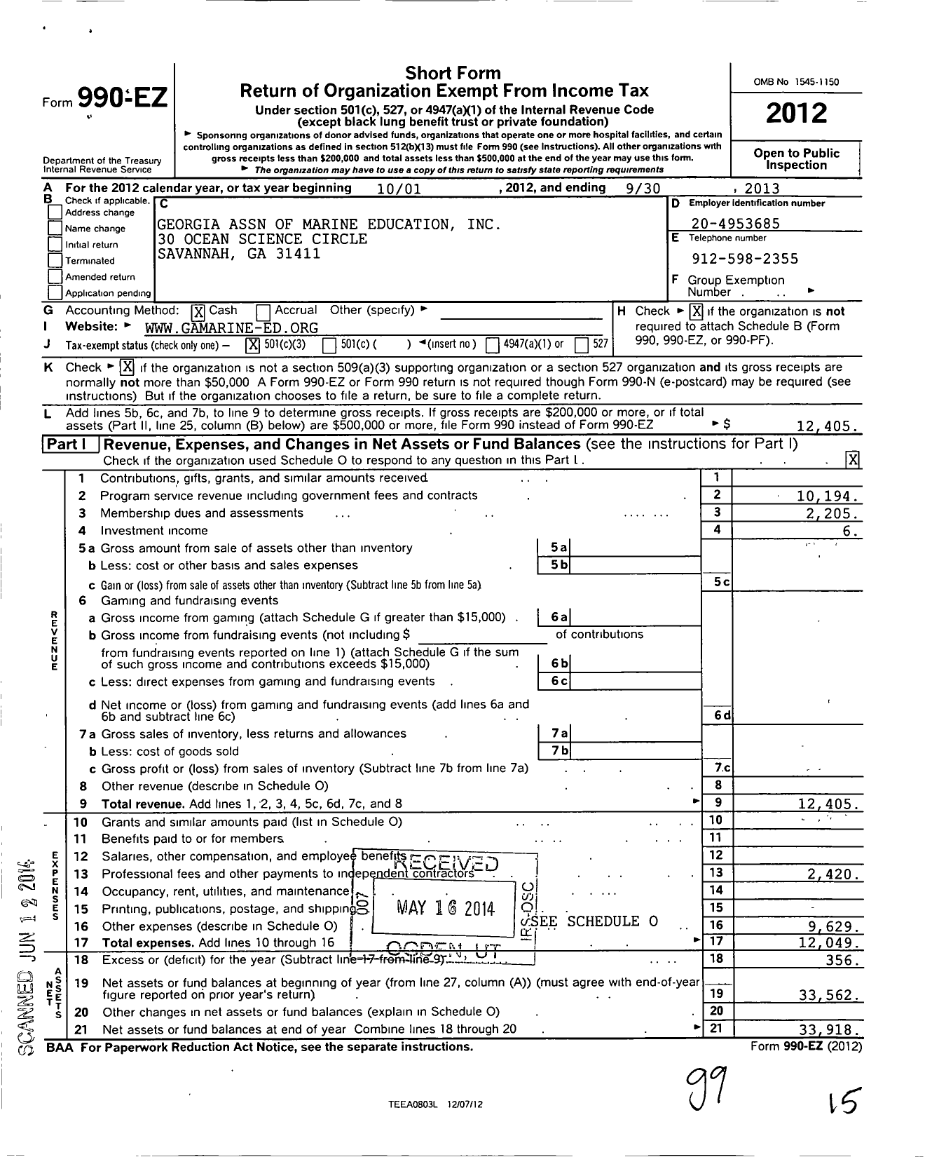 Image of first page of 2012 Form 990EZ for Georgia Association of Marine Education