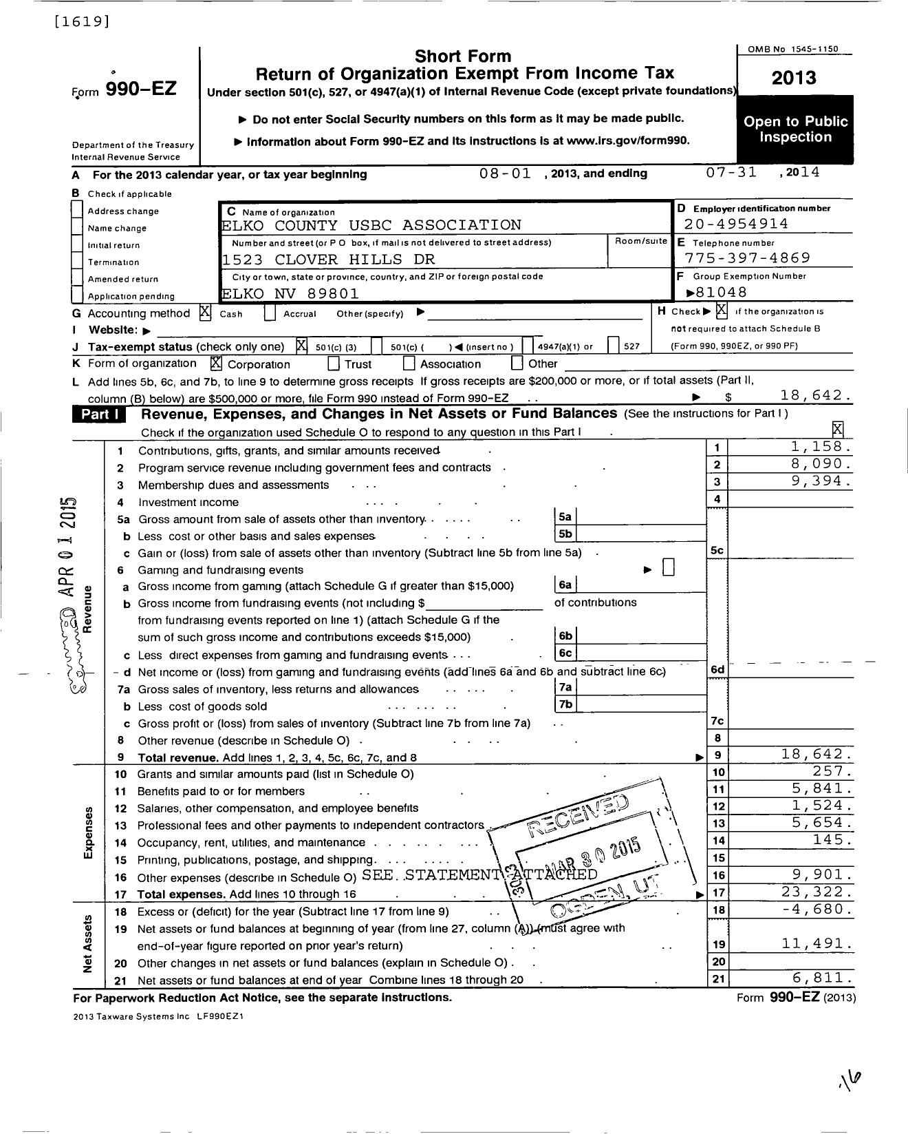 Image of first page of 2013 Form 990EZ for Elko County Usbc Association