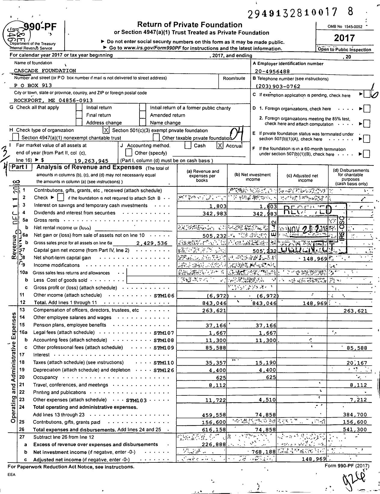 Image of first page of 2017 Form 990PF for Cascade Foundation